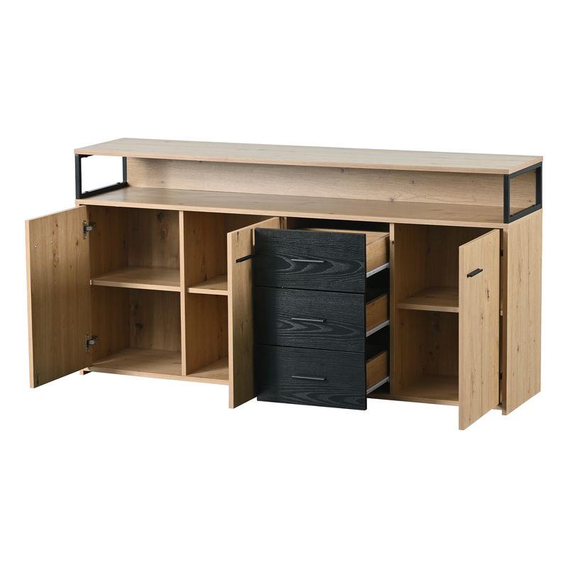 Buffet industriel trois portes et trois tiroirs, meuble de rangement multifonctionnel avec poignées en métal, armoire de cuisine, meuble de rangement pour chambre, salon et bureau, 150 x 35 x 75,9 cm_voghion.com