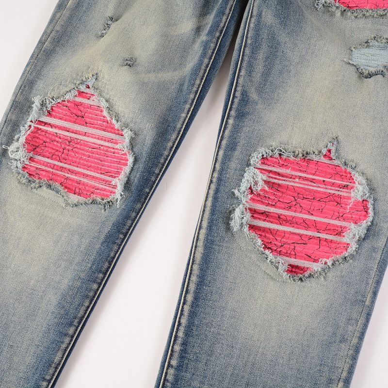 Suitable For All Seasons Men's Light Blue Patchwork Denim Pants With Stretch Fit And Small Cuffs_voghion.com