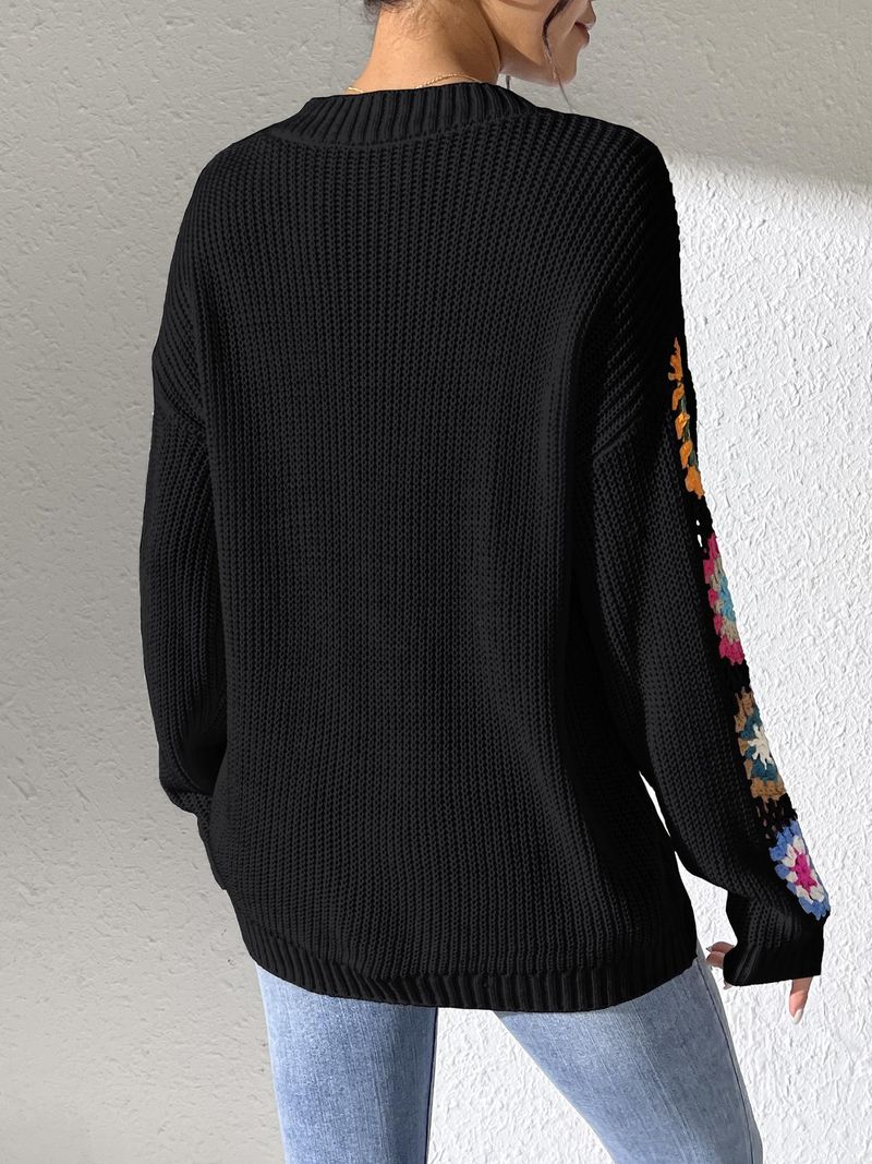 Hand-Crochet Boho Sweater – Oversized V-Neck Pullover With Floral Appliqué (S-XL, Acrylic Knit, Winter Casual Chic)_voghion.com