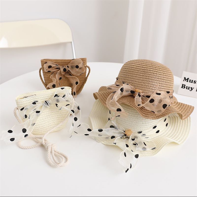 Nuovo set di cappelli e borse parasole con fiocco coreano a pois e onde di paglia per bambini, dolce e carino_voghion.com