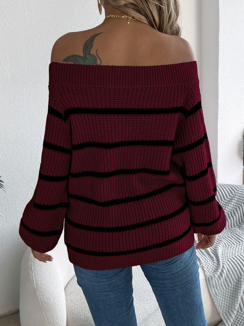 2025 Herbst und Winter Casual Striped Off-Shoulder Laterne Ärmel Pullover Pullover Damenbekleidung_voghion.com