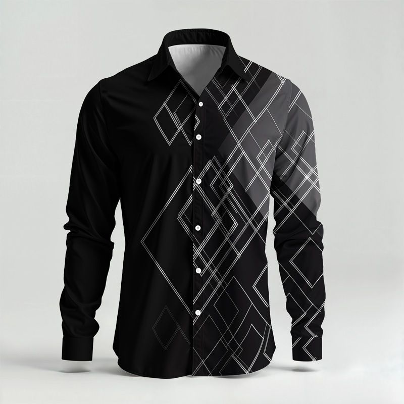 2025 Spring Summer Men Shirt Set Geometry Print Fashion Simple Two Piece Set Mens Gradient Lightweight Party Long Sleeves Suit_voghion.com