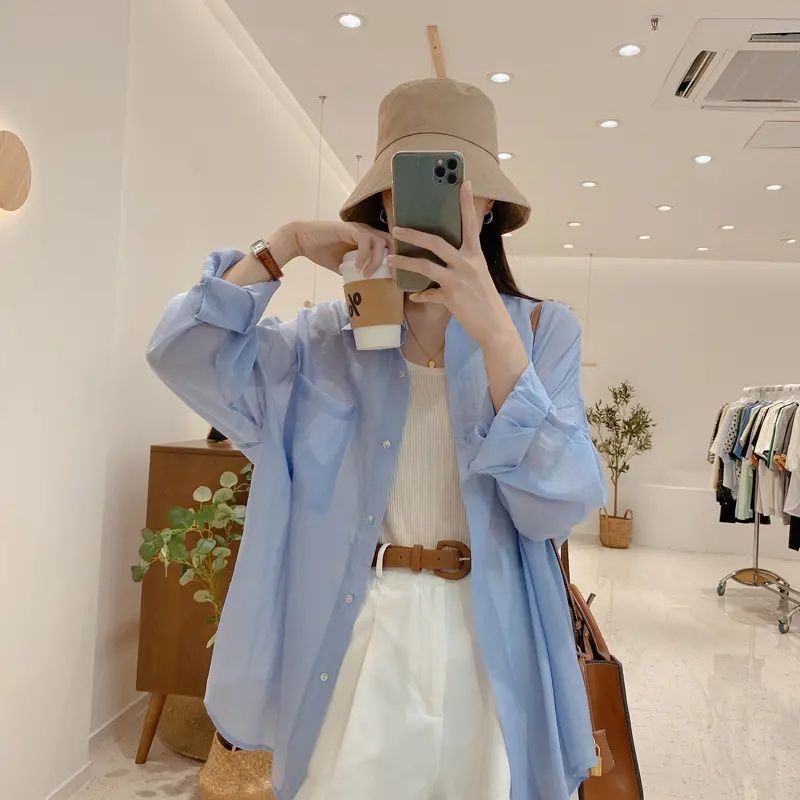 Apricot Damen Sommer Dünne Strickjacke Loses Hemd Eisseide Sonnenschutzkleidung Tops Langarm Sonnenschutzmantel Flut_voghion.com