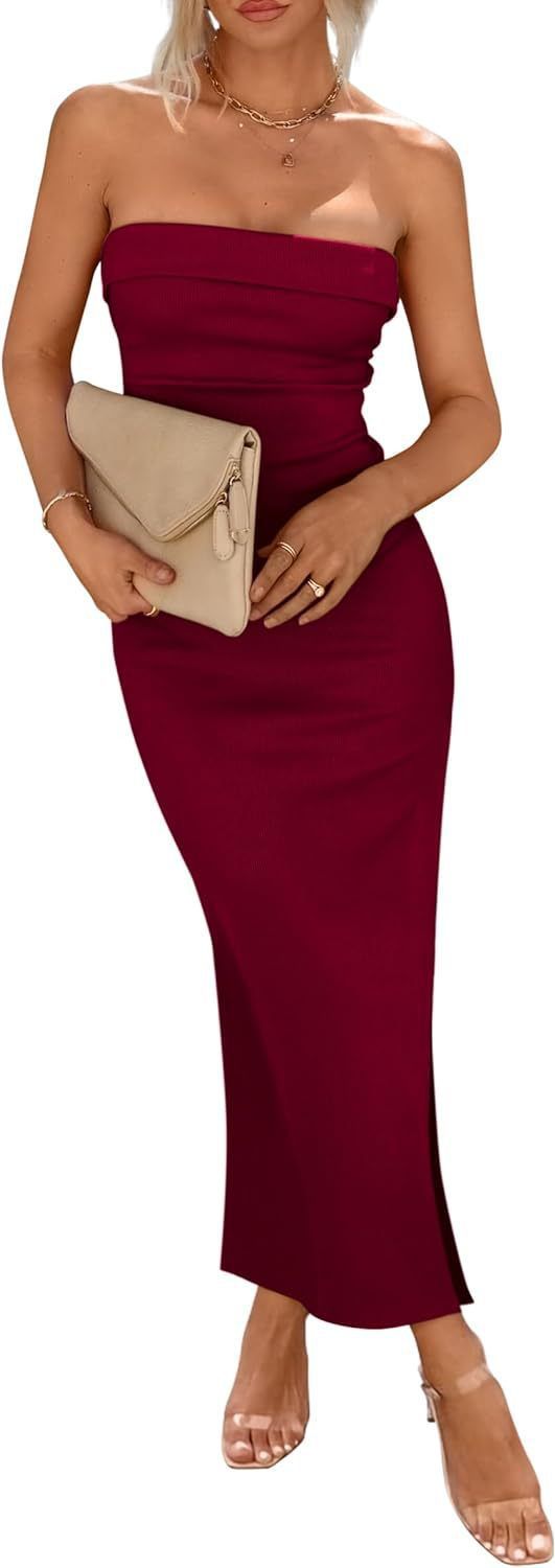 Damenbekleidung Sommer Bodycon Langes Kleid Geripptes Tube Top Seitenschlitz Elegantes Slim Fit Kleid für lässige Partykleidung_voghion.com