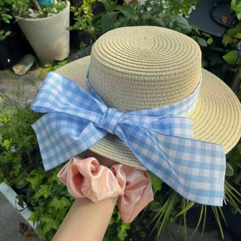 Cappello di paglia con bordo piatto, cappello di protezione solare scozzese, cappello di paglia, cappello di paglia per le vacanze al mare, protezione UV, parasole, foto_voghion.com