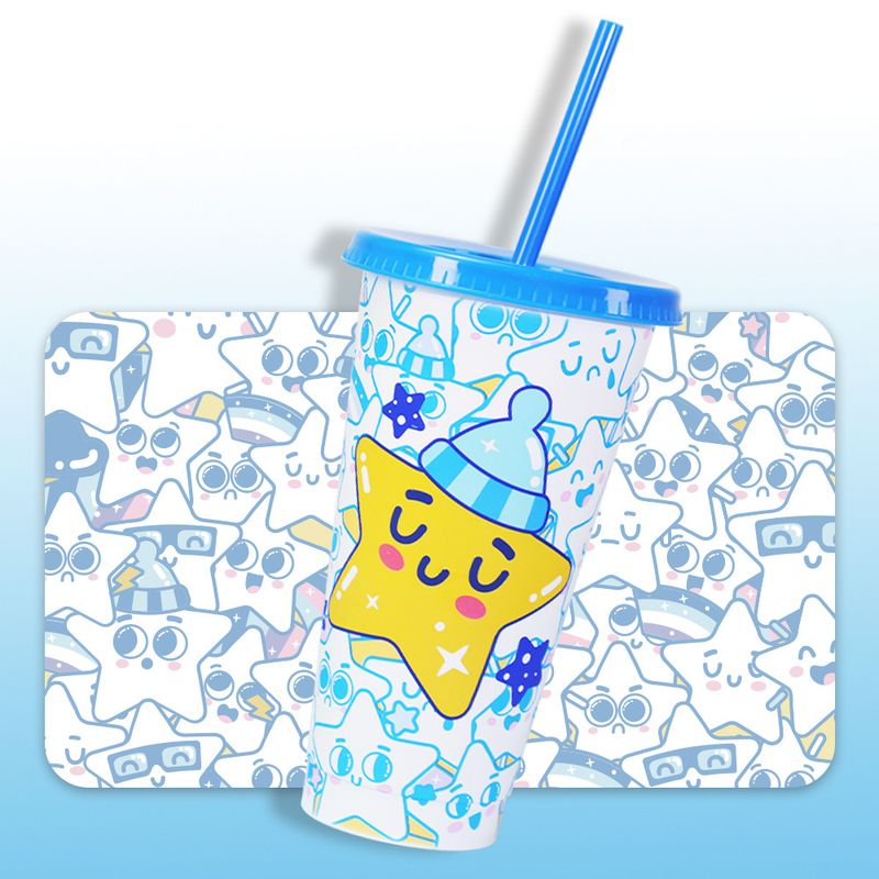 Large Capacity Pp Plastic Single Layer Cold Changing Star Cup High Value Three Piece Straw Color Changing Cup_voghion.com
