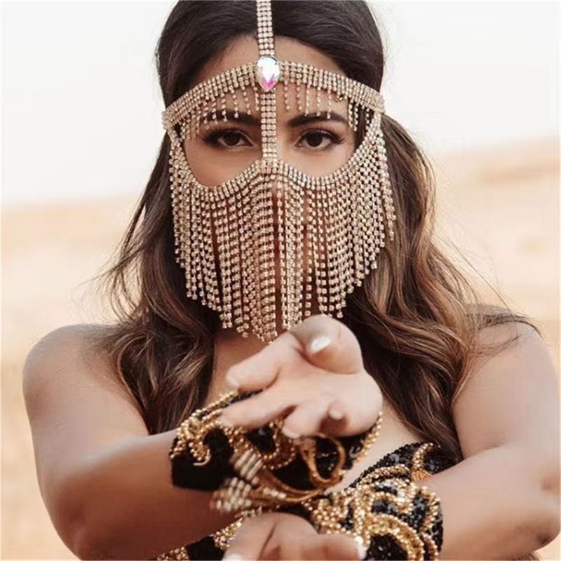 Masque à long pompon en strass brillant pour femme, bijoux en cristal coloré, accessoires de bijoux de danse_voghion.com