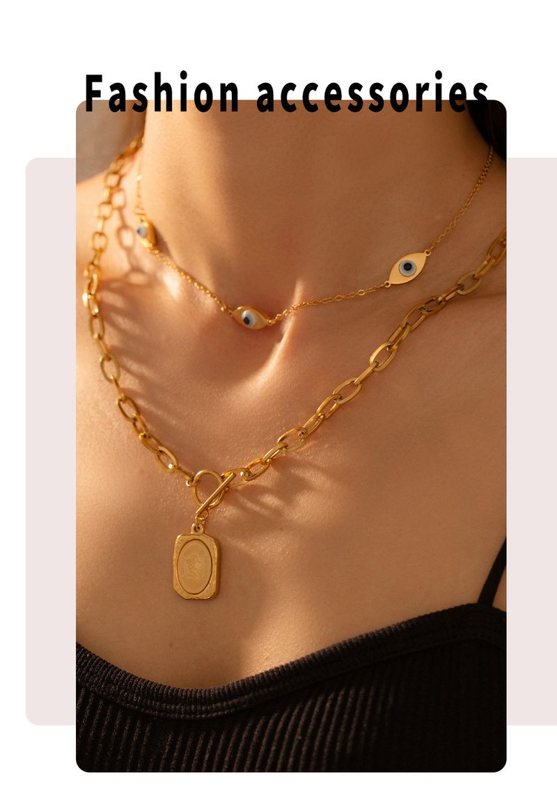 Portrait Square Devil's Eye Pendant Double Layered Clavicle Necklace Women's Light Luxury Titanium Steel_voghion.com