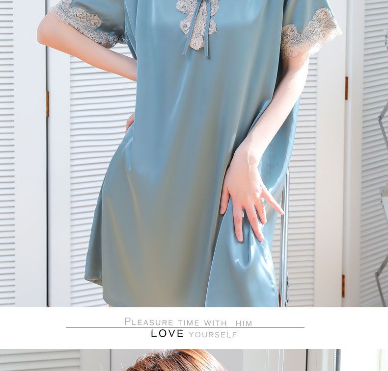 New Pajamas Women's Summer Ice Silk Loose Large Size European And Korean Version Sexy Lace Ice And Snow Silk Short-sleeved Nightdress Loungewear_voghion.com