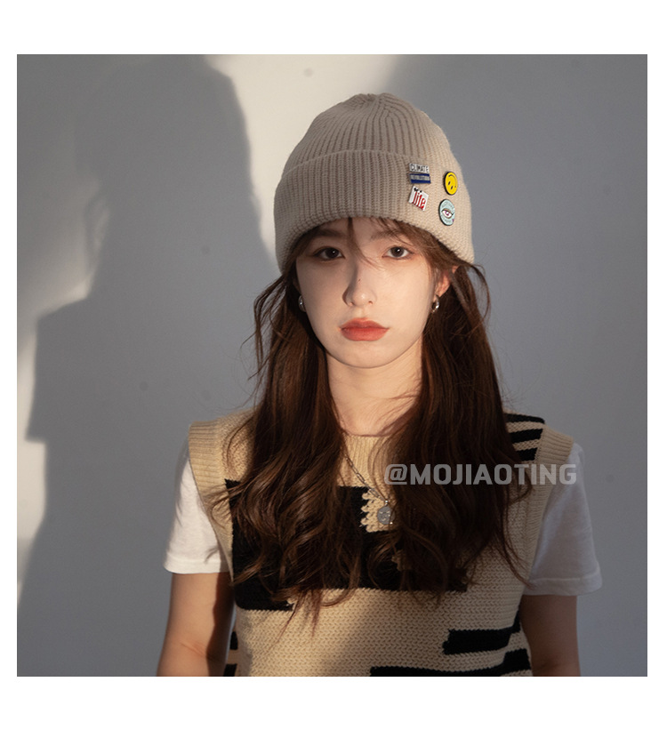 Badge visage souriant, chapeau pull tricoté, tendance pour hommes d'automne et d'hiver pour enfants, célébrité d'internet, grand polyvalent_voghion.com