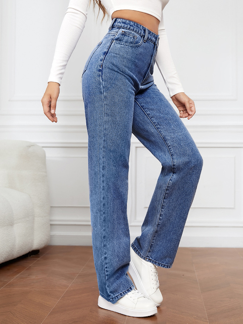 Damkläder i het stil, stretchtvättad denim mode raka byxor jeans dambyxor_voghion.com