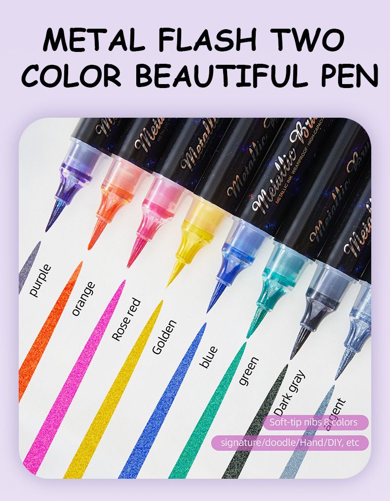 Feutres pinceaux métalliques scintillants pour calligraphie et art – Pointe souple, couleurs vives, idéal pour les étudiants et les artistes (lot de 8 couleurs assorties)_voghion.com
