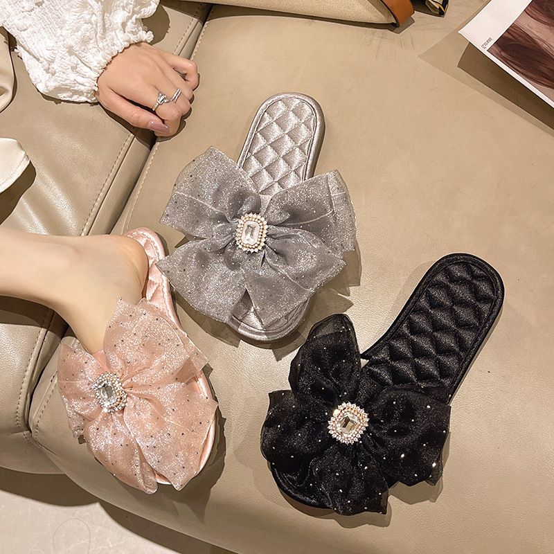French Fairy Style Women's Bow Satin Flat Summer New Outdoor Soft Sole One-Word Slippers_voghion.com