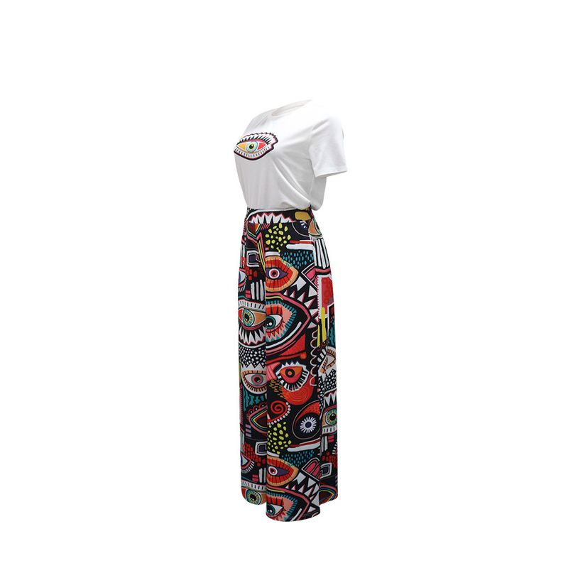 Abbigliamento da donna, completo due pezzi con stampa alla moda, scollo rotondo, top a maniche corte, pantaloni larghi e comodi, pantaloni a gamba larga_voghion.com