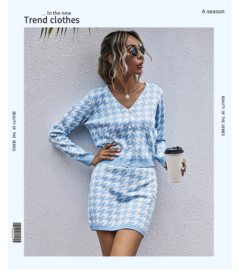 European and American fashion women's two-piece long-sleeved houndstooth skirt suit_voghion.com