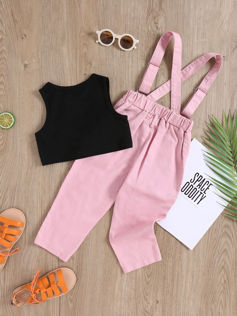 Matka i dzieci Kombinezony Dziewczęta Moda Ładny Jednoczęściowy List Krótki Rękaw Kamizelka Jeansy Zestaw_voghion.com