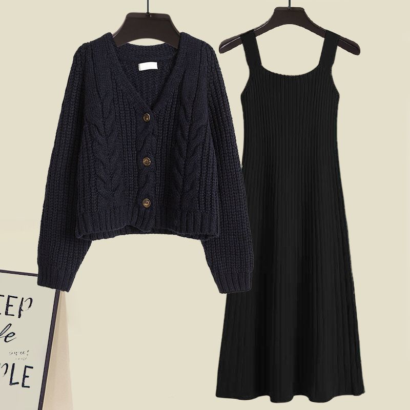 Completo da donna autunno/inverno composto da cardigan e abito in maglia, 2 pezzi – Completo elasticizzato snellente in grigio/beige/nero (M-4XL)_voghion.com