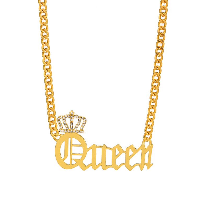 Overdreven persoonlijkheidsmode met diamanten kroonletterhanger korte ketting_voghion.com