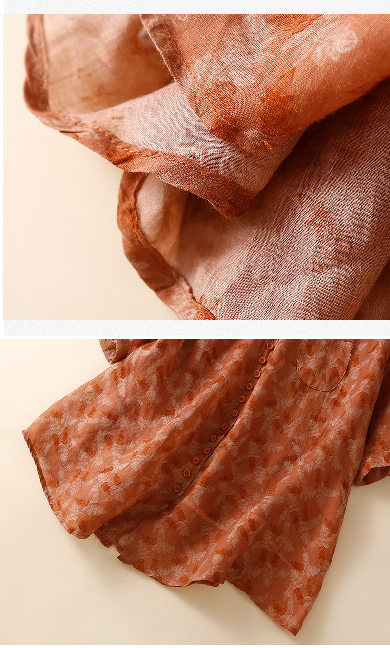 Damen gemustertes Ramie-Shirt Damen lockeres mittellanges Blumen-Dünnhemd Cardigan-Oberteil_voghion.com