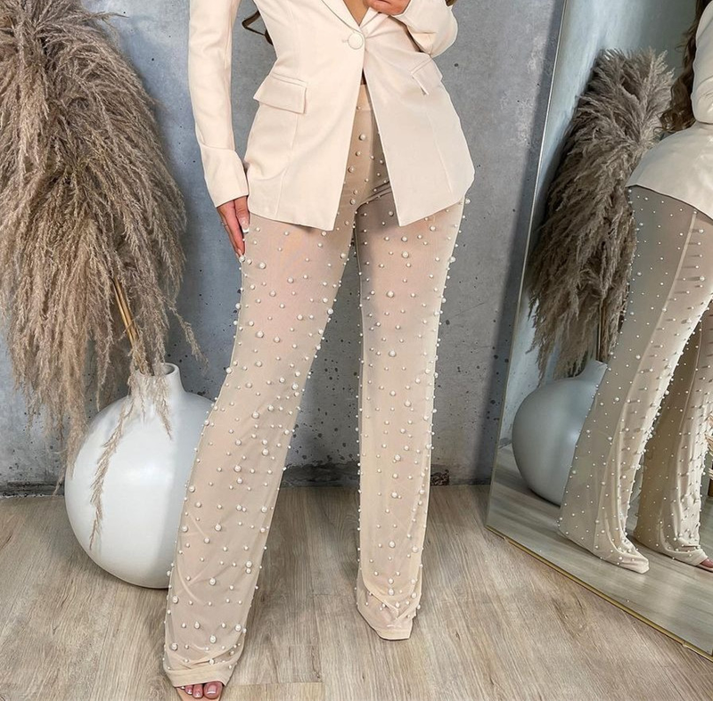 Women's Sexy Sheer Stretch Mesh Bubble Bead Decorated Wide Leg Beaded Pants Two-piece Set_voghion.com