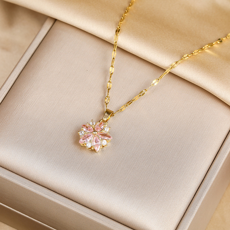 Sweet Zircon Crystal Sakura Pendant Titanium Lock Bone Chain Live Broadcast Women's Stainless Steel Necklace_voghion.com