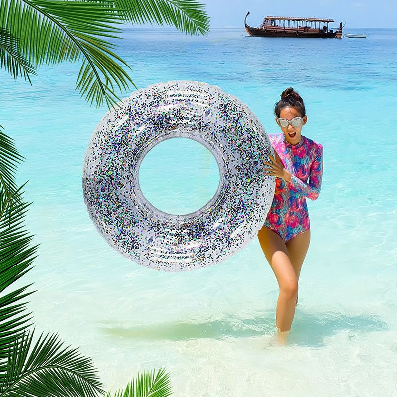 Glittrig transparent badring förtjockad PVC uppblåsbar poolmadrass för vuxna och barn, mousserande vatten, flytande ring med skimrande effekt_voghion.com