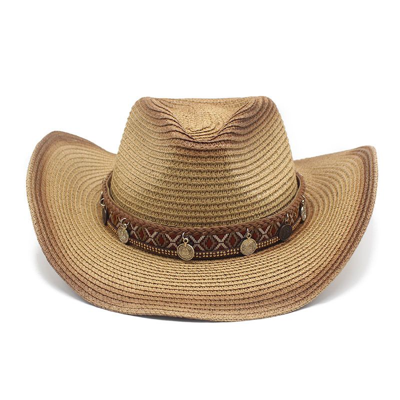New Woven Straw Western Denim Drawstring Adjustable Knight Seaside Sunscreen Sun Hat_voghion.com