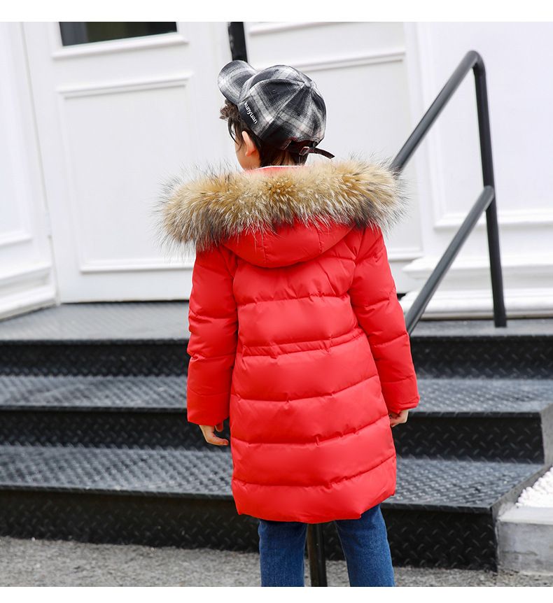 Lange gewatteerde jas voor kinderen met vossenbont – 80% witte eendendons (100-170 cm, vlamvertragend, unisex winterjas, B-klasse veiligheid)_voghion.com