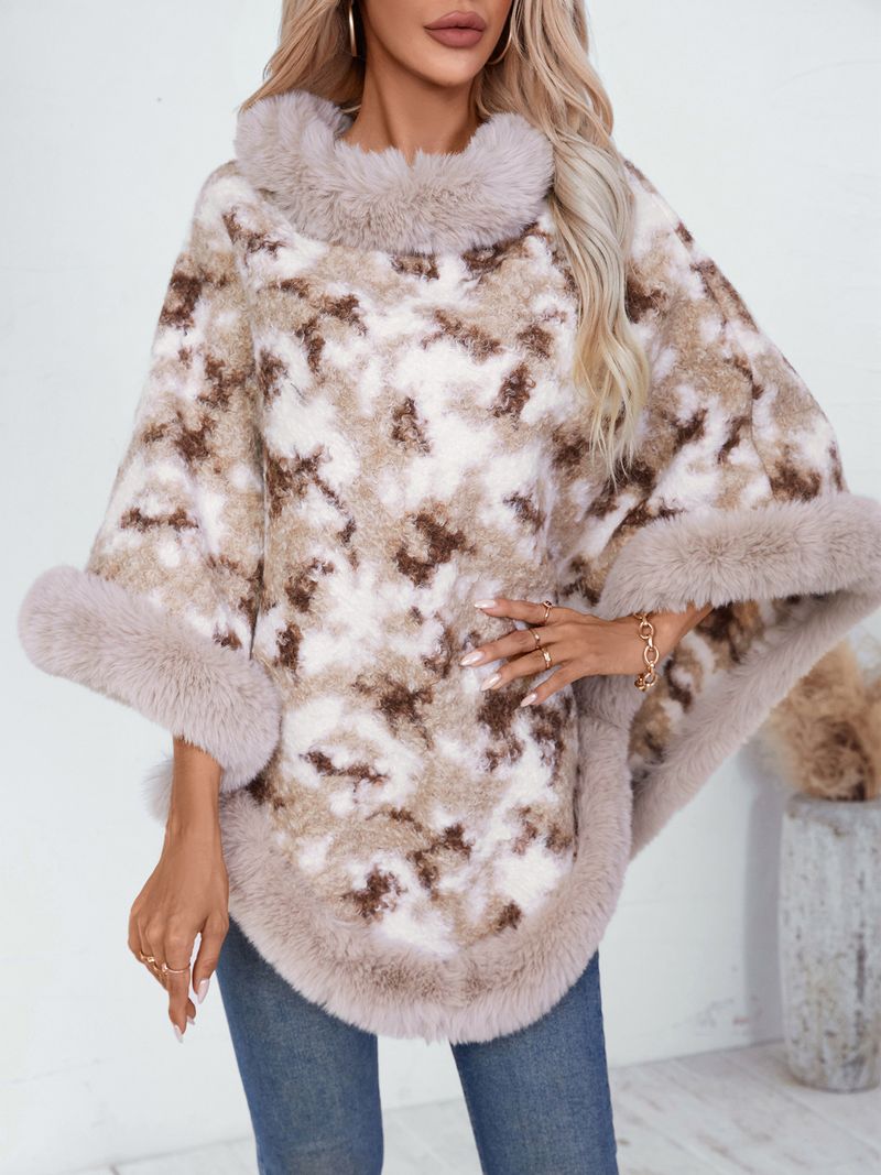 Women's Clothing fur collar pullover contrast color leopard print knitted cape women autumn and winter retro loose sweater shawl_voghion.com