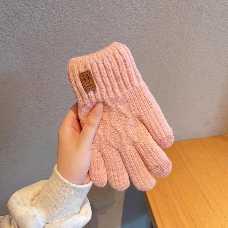 Knitted Wool Gloves Women's Winter 2025 New Solid Color Plus Velvet Thickened Warm Riding Cold-proof Touch Screen Gloves_voghion.com