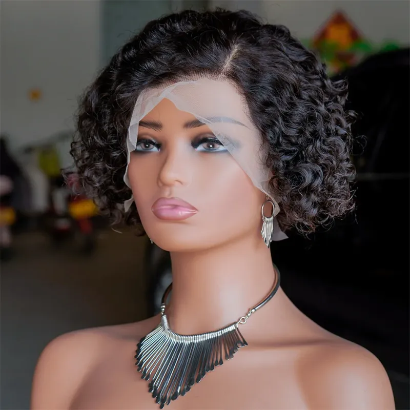 Peluca de cabello humano corto, rizado y con encaje frontal, corte pixie_voghion.com