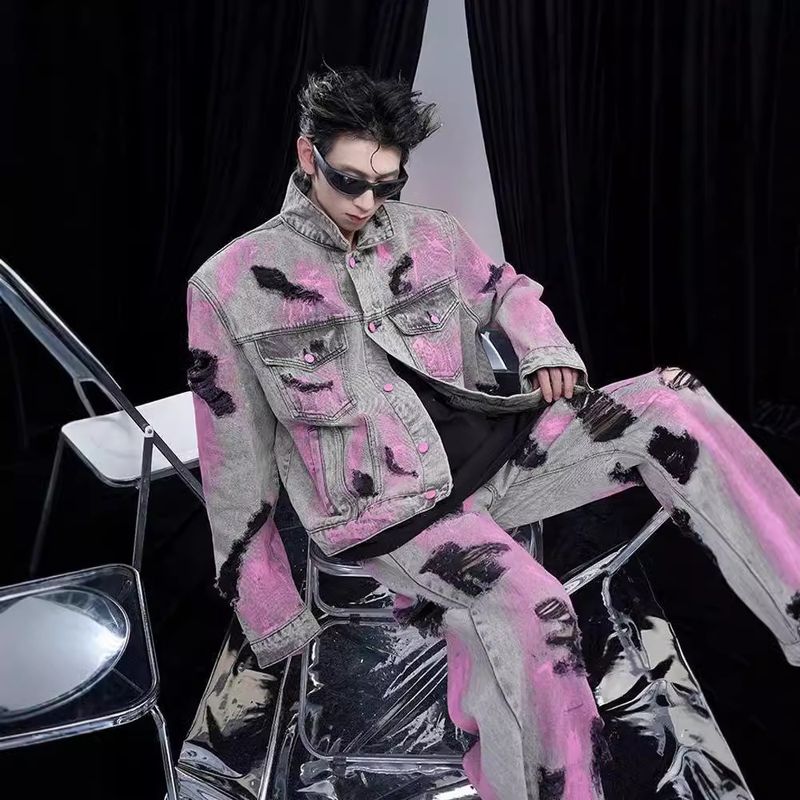 Suitable For All Seasons Post-Apocalyptic Style Men's Denim Street Graffiti Washed Vintage Distressed Spring Autumn Shoulder Pad Jacket Unisex_voghion.com