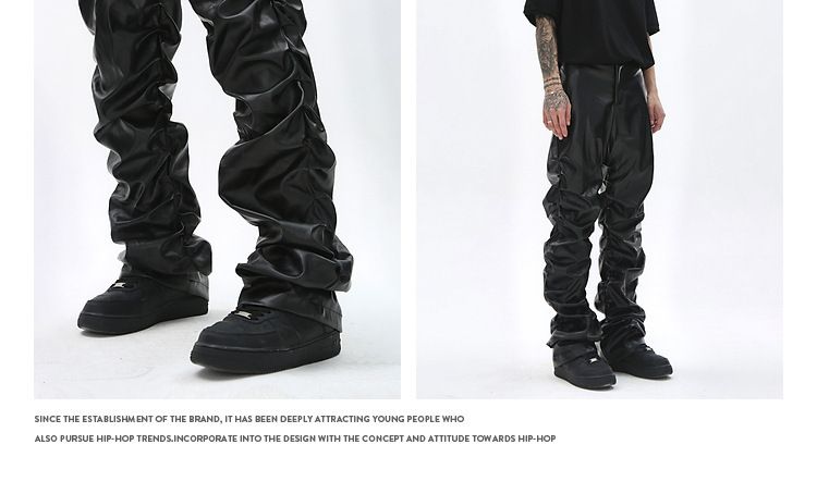 Herren High Street PU Schwarze Plissee Stacked Slim Fit Lederhose für Hip Hop Streetwear_voghion.com