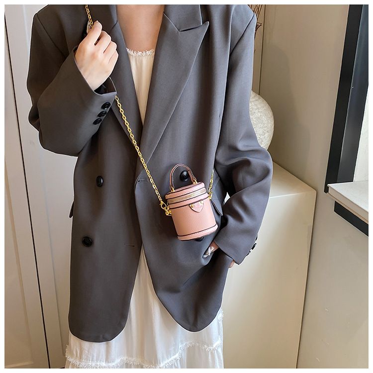 Borsa a secchiello da donna, mini borsa a secchiello rotonda con contrasto di colore, stile per famiglie, da portare a mano, piccola borsa a tracolla color rossetto, da donna_voghion.com