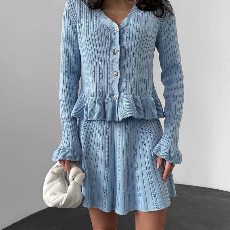 Elegant V-Neck Long Sleeve Blouse With Rhinestone Buttons & Peplum Hem Paired With A Flared Skirt Set_voghion.com