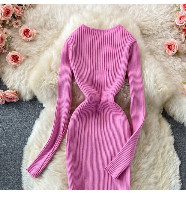 Abito maglione da donna di media lunghezza attillato in vita con scollo a V profondo_voghion.com