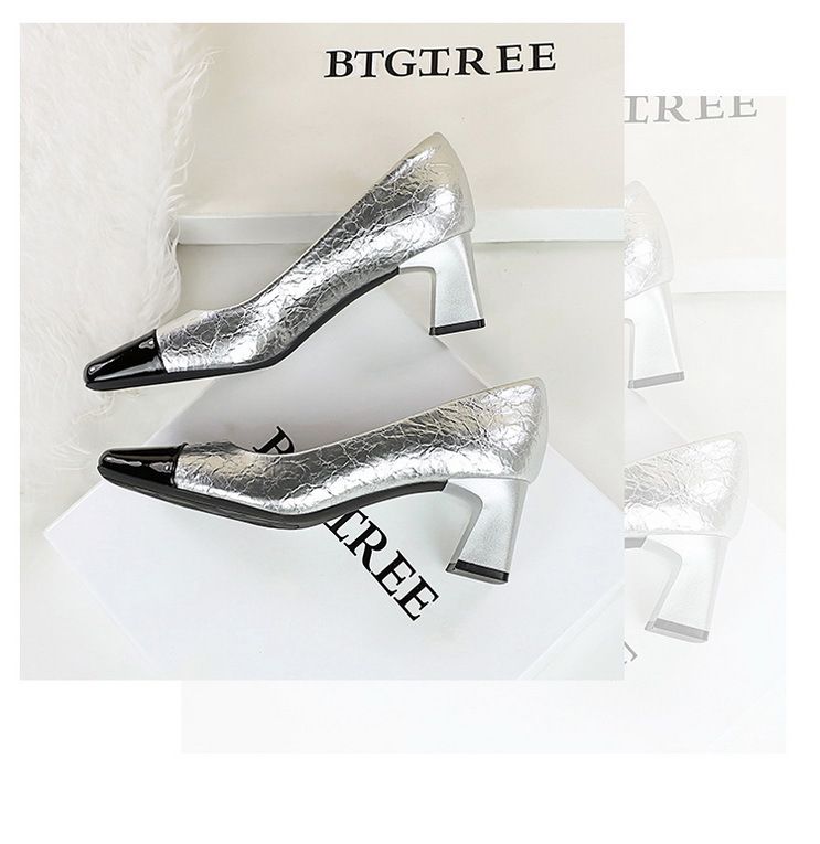 Patchwork Pendlerschuhe mit hohem Absatz, mittlerem Absatz, klobiger quadratischer Zehenpartie und schlichten Schuhen_voghion.com