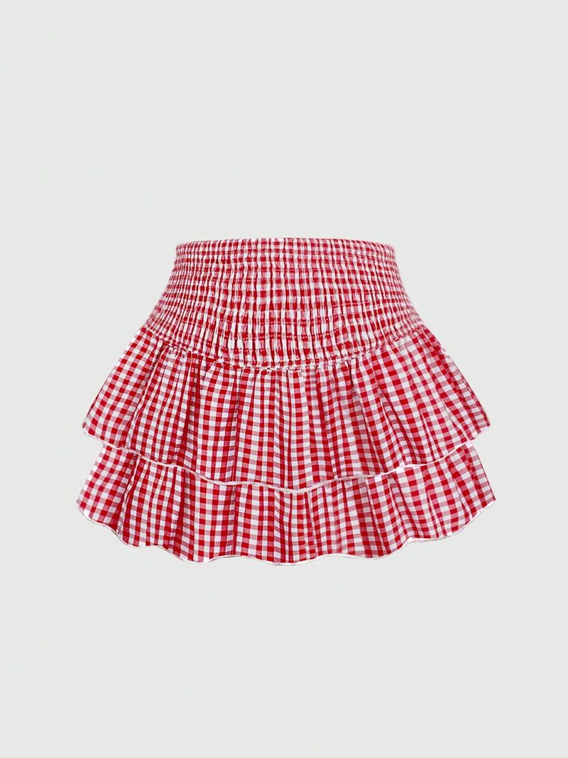 Gonna a quadri rossi e bianchi con orlo arricciato – Minigonna estiva casual (S/M/L/XL/XXL, poliestere, leggermente elasticizzata)_voghion.com