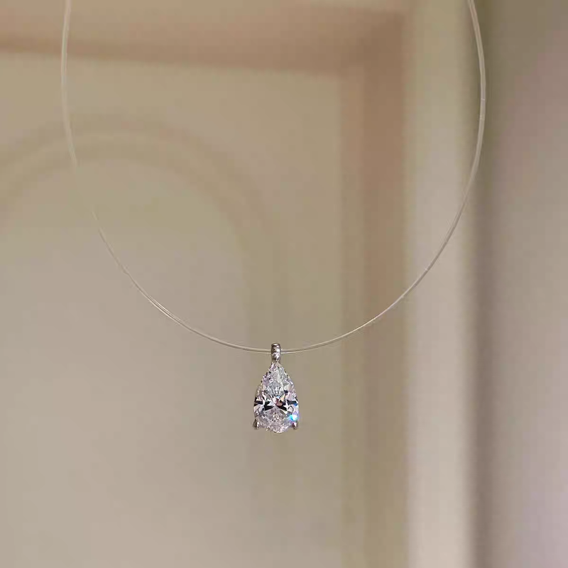 Mermaid's Tears Halskette mit Anhänger aus reinem Silber mit Wassertropfen und Moissanit, unsichtbare Fischleine, ultrafeine Hals- und Schlüsselbeinkette_voghion.com