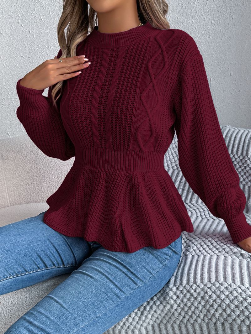 Autumn Winter Solid Color Cable Knit Waist-Cinching Ruffled Long Sleeve Pullover Sweater Women's Fashion_voghion.com