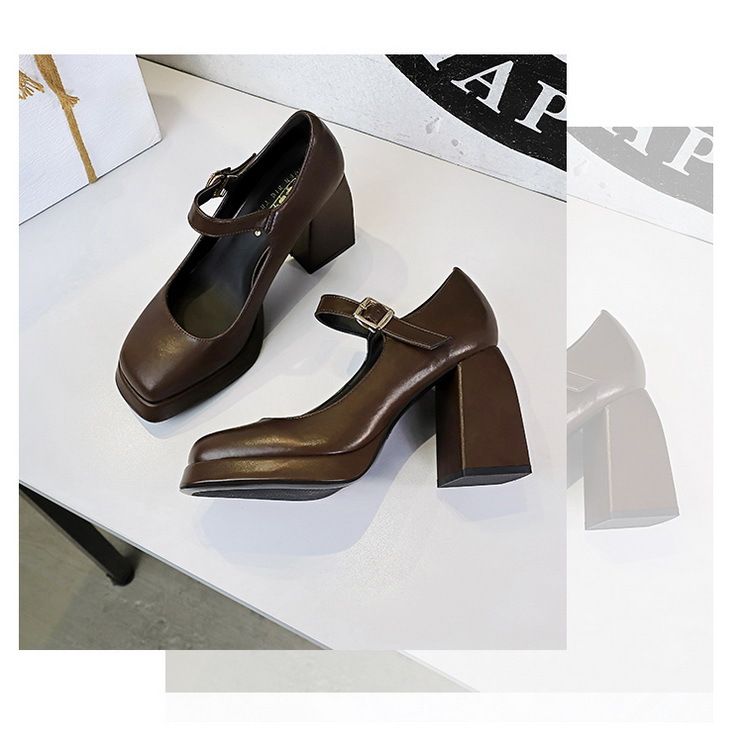 Thick square heels High heels waterproof platform square head shallow mouth belt buckle line with a single shoe_voghion.com