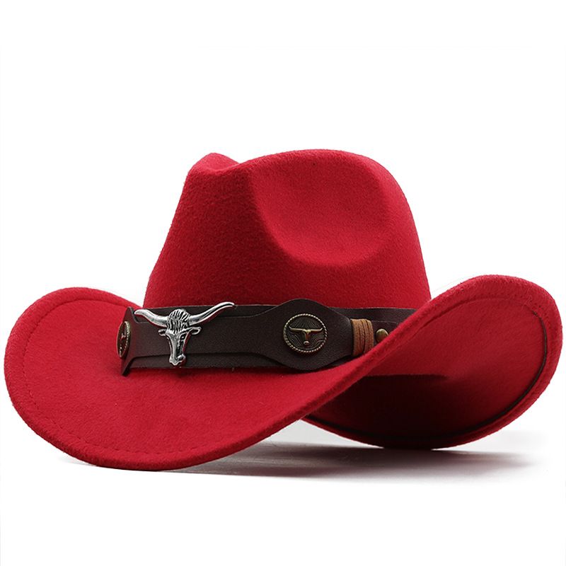 Cappello a cilindro semplice in lana con tesa rovesciata in stile inglese, cintura con testa di mucca, cappello da cowboy occidentale di colore solido_voghion.com