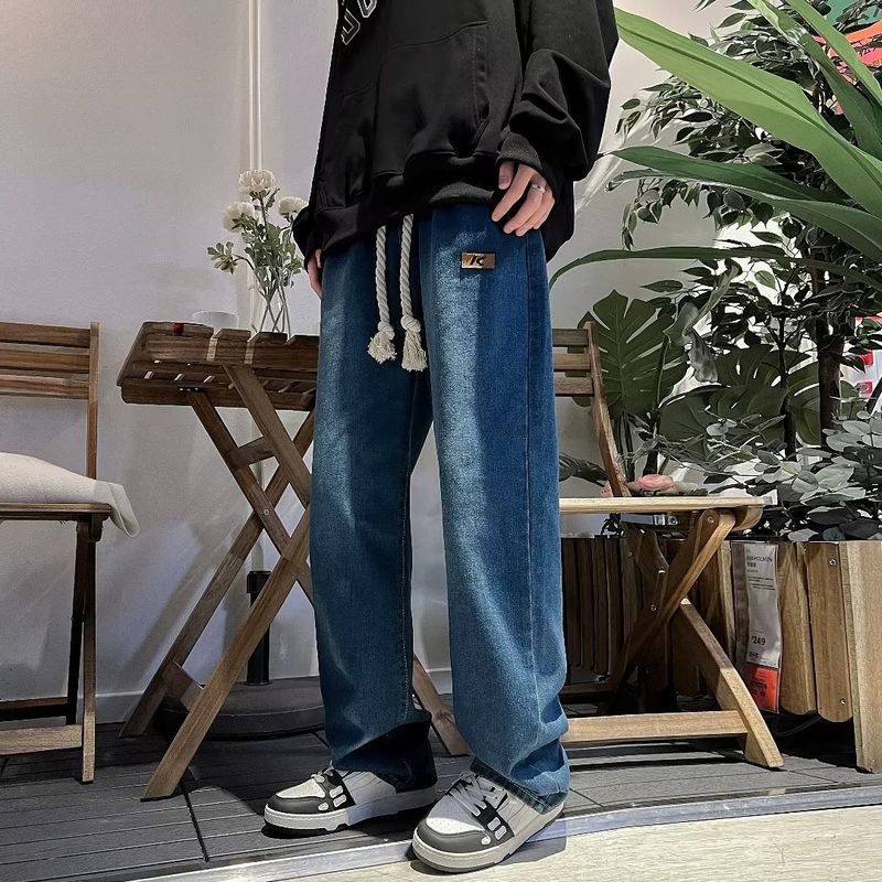 Pantalons de qualité supérieure couleur café, style urbain, jeans à taille élastique avec cordon de serrage, pantalons droits américains surdimensionnés pour hommes_voghion.com