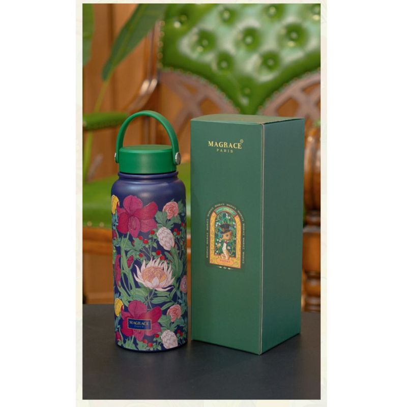 Tazza termica in acciaio inossidabile colorato MAGRACE Flower Shadow francese da 1000 ml, grande capacità, con supporto portatile per il tè_voghion.com