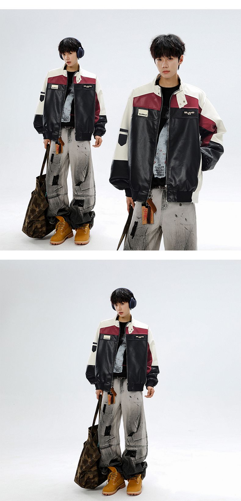 Combinaison de moto américaine en cuir PU pour homme, style automne, patchwork, col montant, style aviateur_voghion.com