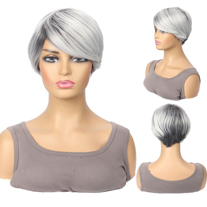 Synthetic Clip-in New Wig Ladies Gray Side Parted Short Headpiece Trendy Fashion Wig_voghion.com