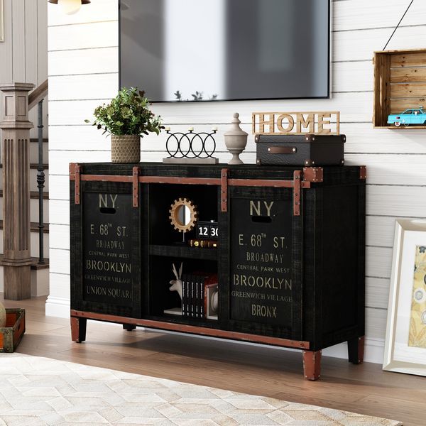 Farmhouse TV Stand For 55 Inch TV, 30' Tall Industrial Media Entertainment Center With Sliding Barn Doors, Rustic Television Console Table With Cabi_voghion.com