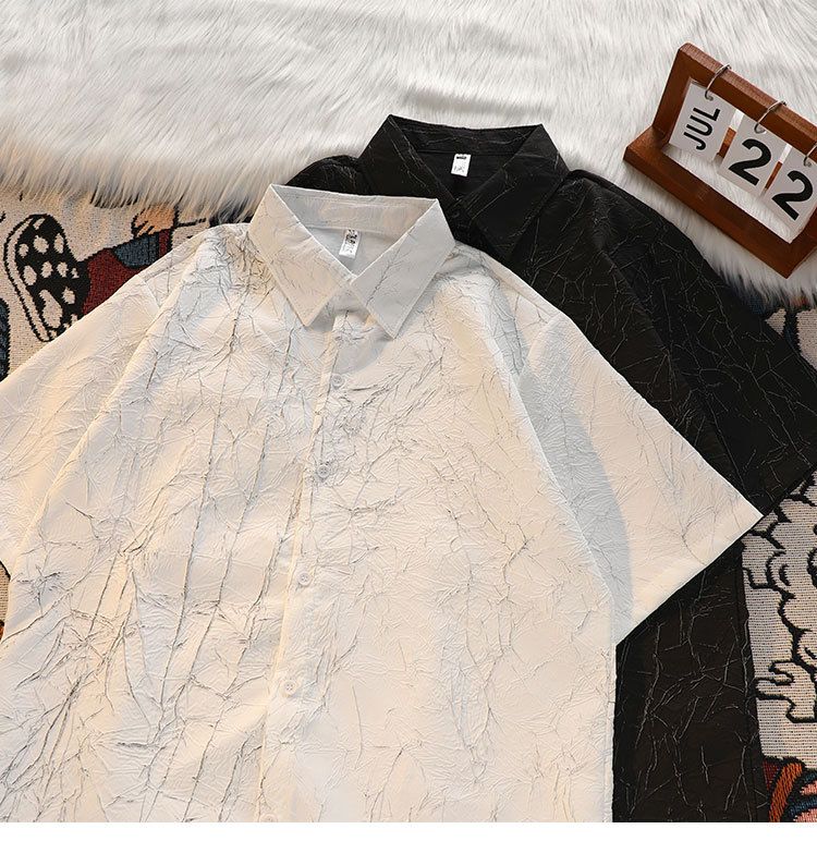 Herrenbekleidung Herren Plissee-Kurzarmhemd aus Eisseide, Sommer, dünn, cool, trendig, hübsches Design, lässig, Anzughemd, Jacke_voghion.com