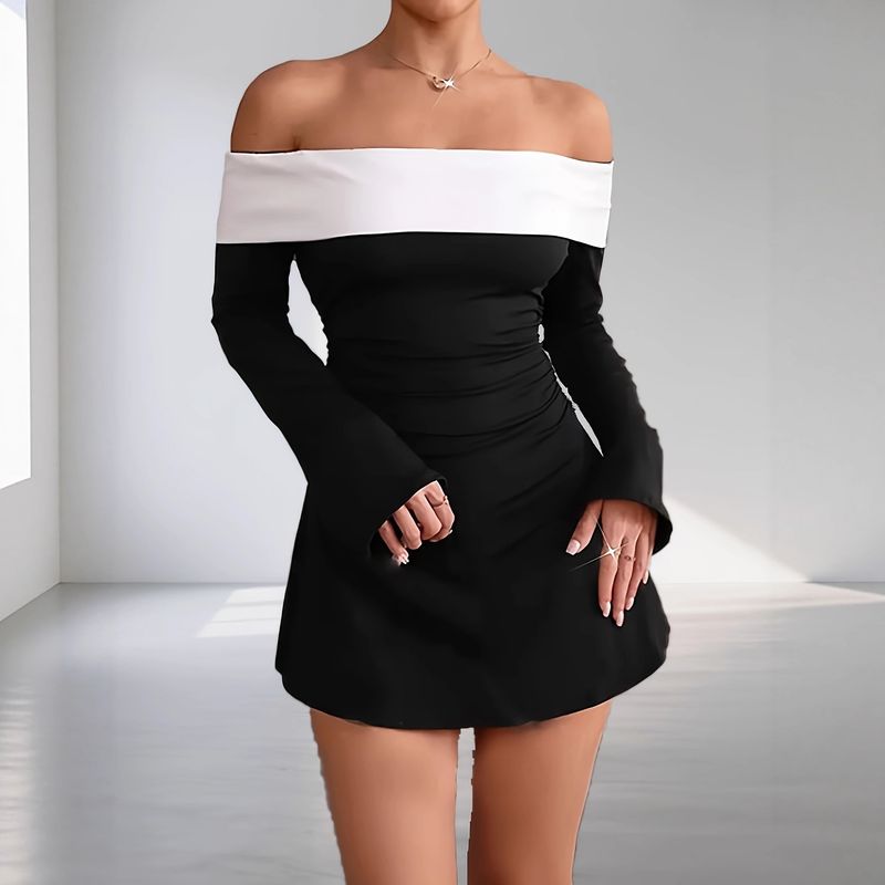 ChicShe, abito da donna elegante e alla moda, aderente e a maniche lunghe, con top a tubino francese a strati e blocchi di colore, molto venduto_voghion.com