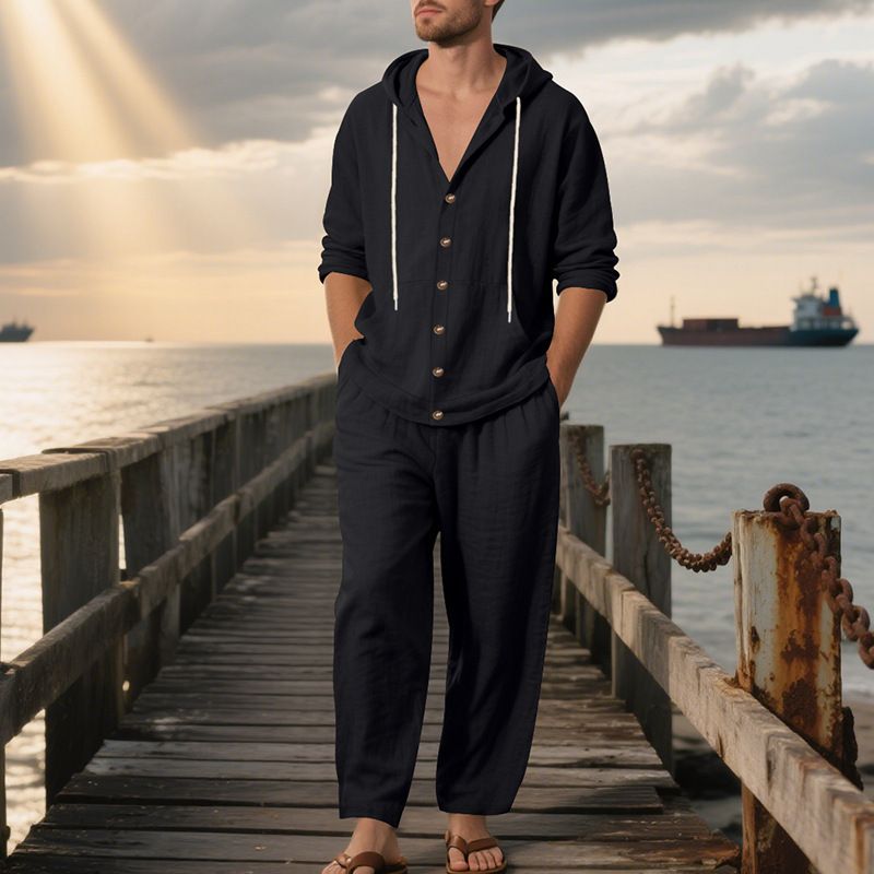 Men's Linen Hooded Shirt & Pants Set - Breathable Beachwear For Spring & Summer Fashion Trends Hot-selling_voghion.com